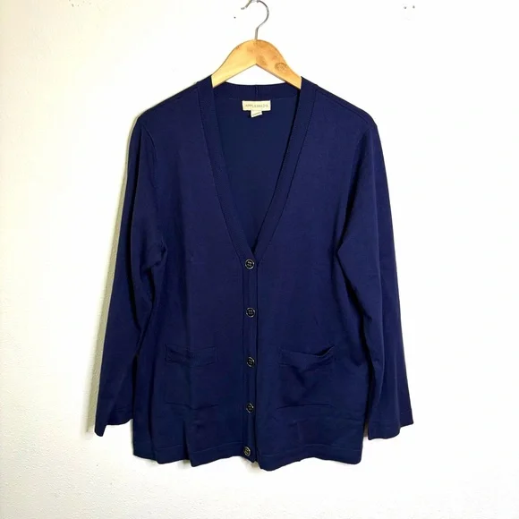 Appleseed's navy blue boyfriend cardigan sweater sz L v neck gold buttons - Picture 2 of 7